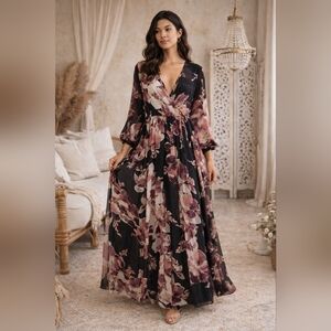 Chic Watercolor Floral FauxWrap Maxi DressS Dark Fairy Dressy Whimsigoth BohoNYE